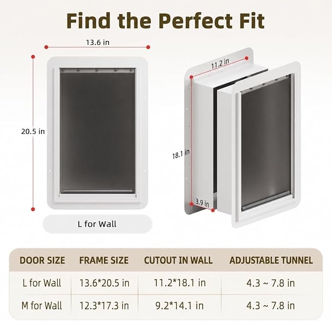 URSPET Medium Dog Door for Wall, 3-Flap Insulated, Steel Frame,White | 8.25 x 12.25 in Usable Opening, For 4.3-7.8 in Walls, Compatible with PetSafe Wall Cutouts, Lock Panel, Replaceable Flaps