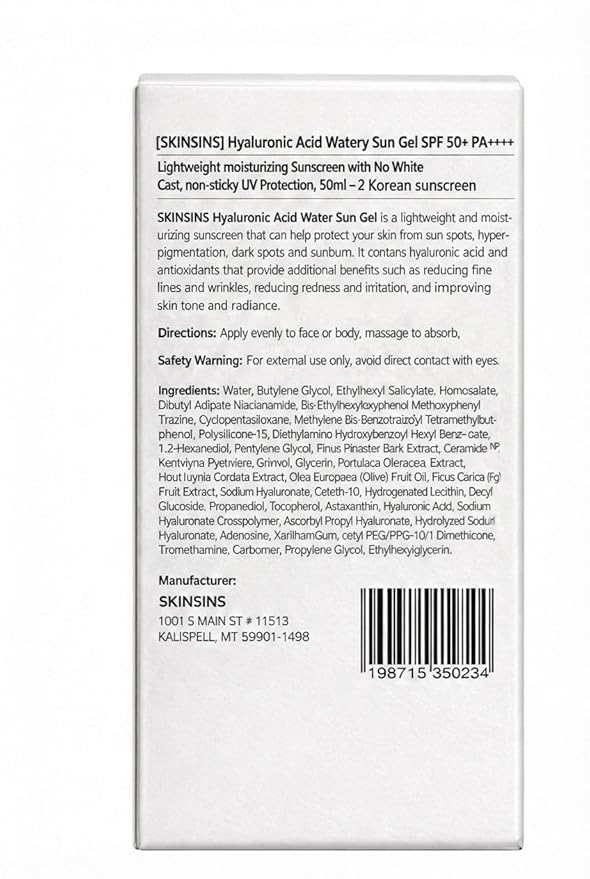 Hyaluronic Acid Watery Sun Gel SPF 50+ PA++++, Lightweight moisturizing Sunscreen with No White Cast,non-sticky UV Protection, 50ml - 2 Pack - Korean Sunscreen