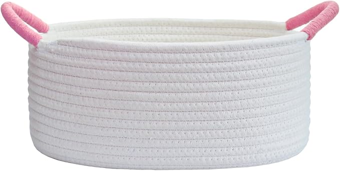 Yimi's Dream White and Pink Cotton Rope Gift Basket with Handle, 12 x 8 in | Empty Oval Woven Storage Basket for Baby Shower, Easter, Valentine's Day, Birthday, Nursery, Toy, Mom, Shelves, Home Decor