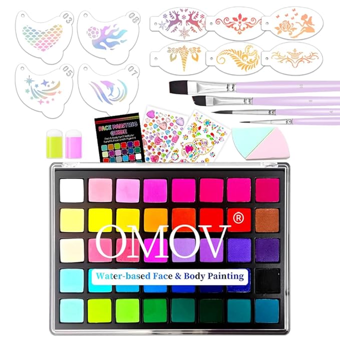 Face Painting Kit for Kids, 40 Colors Non-Toxic Water Activated Face Paint Palette, Facepaint Makeup Kit with Stencils, Brushes, Gems,for Halloween,Christmas, Birthday Parties, Carnival, School Event