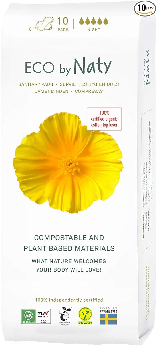 Naty Sanitary Pads Night – Plantbased and Absorbent Pads for Women, Organic Cotton Menstrual Product, Better for Feminine Health (10 Count)