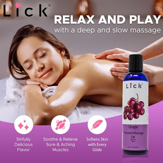 Lick Grape Flavored Massage Oil – Sweet Fruit Edible Massage Oil with Sweet Almond Oil & Vitamin E, Smooth Glide for Relaxing Couples Massage Sessions, 4 oz