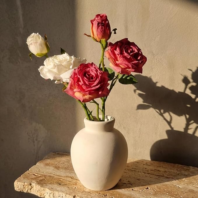 Ceramic Vase | 6 Inch White Vase Pottery Rustic Farmhouse Boho Vase for Home Decor, Table, Living Room, Bathroom, Shelf, Mantel Decoration, Wedding (6'' Retro)