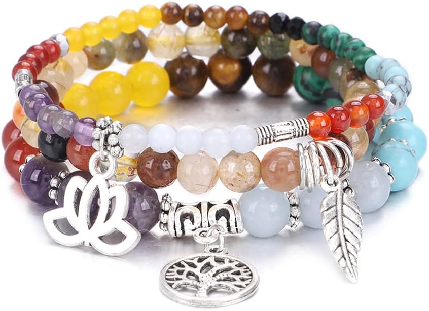UEUC Tree of Life Yoga Healing Stone Bracelets,Multilayer Lotus Chakra Stone Reiki Bracelet Sets,Anxiety Crystal Natural Stone,for Women Stress Relief