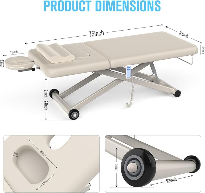 Electric Massage Bed with Adjustable Height and Backrest, Electric Massage Table for Treatment, Physical Therapy and Spa Facial Bed, 2 Motor, Hydraulic Equipment, Remote Control, 32 W x 75 L, Beige