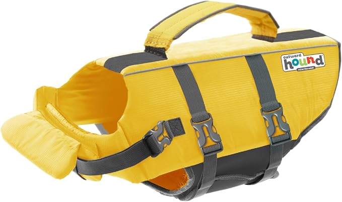 Outward Hound Granby Splash Dog Life Jacket, Life Vest, Yellow, Small | Max Buoyancy, Adjustable Fit, Head/Neck Support, Rescue Handle, Reflective, Swimming & Boating, Small Dogs (16–20" Girth)