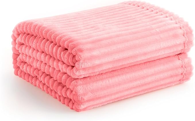 Vessia Flannel Fleece Throw Blanket for Couch,Sofa,Bed, 300GSM Striped Pink Blanket for Adults and Kids, Super Soft Warm Cozy Lightweight Ribbed Throw for All-Season
