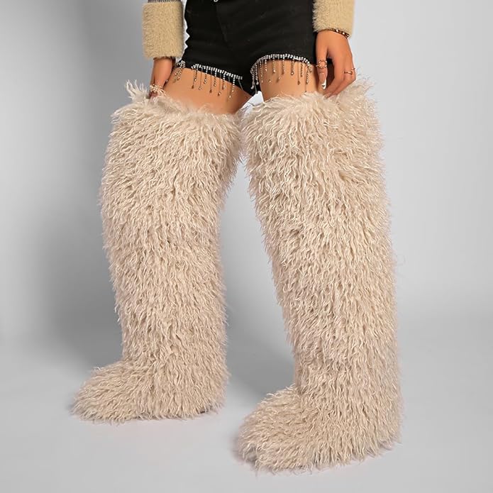 SWEETHEART BEAUTY Thigh High Shagy Teddy Fur Boots, 29 Inch Over the Knee Length Fluffy High Boots, Tall Furry Shoes For Women