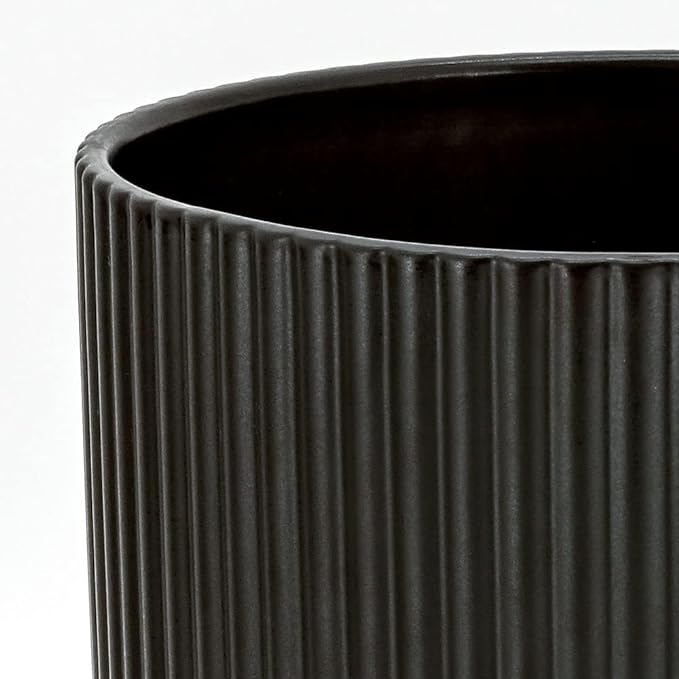 Amazon Basics Fluted Ceramic Planters for Indoor Outdoor Plants, Round Flower Pots with Drainage Hole, Set of 3, 6 inch, 8 inch, 10 inch, Black