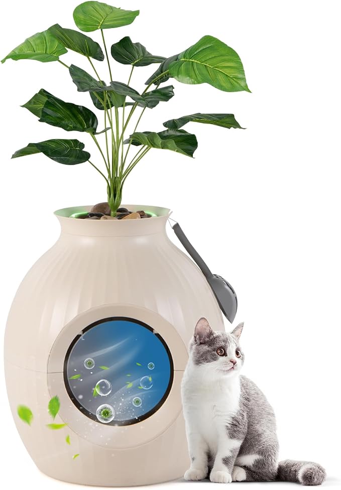 PETSITE Hidden Litter Box Plant, Cat Litter Box Enclosure Furniture with Smart Odor Removal System, 4 Light Effects, Door, Artificial Plant, Pebbles, Scoop, Planter Litter Box for Large Cats