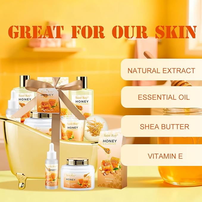 Mothers Day Birthday Spa Gifts for Women, 8pcs Honey Almond Bath Gift Set for Women, Spa Gift Basket for Women & Men, Home Spa Gift Set, Self-Care Spa, Birthday, Christmas, Mother Day, Anniversary
