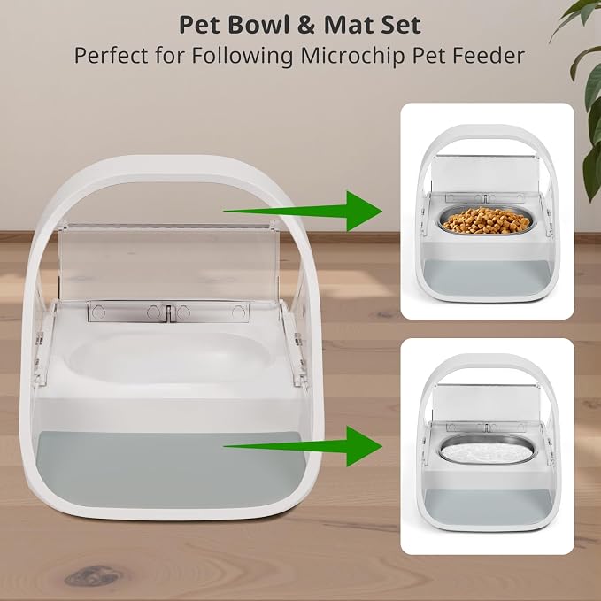 Stainless Steel Bowl Set for Automatic Microchip Cat Feeder, SUS 304 Grade, Sealing Ring to Keep Food Fresh & Reduce Odor, Easy to Clean, Includes 2 Bowls & 1 Mat