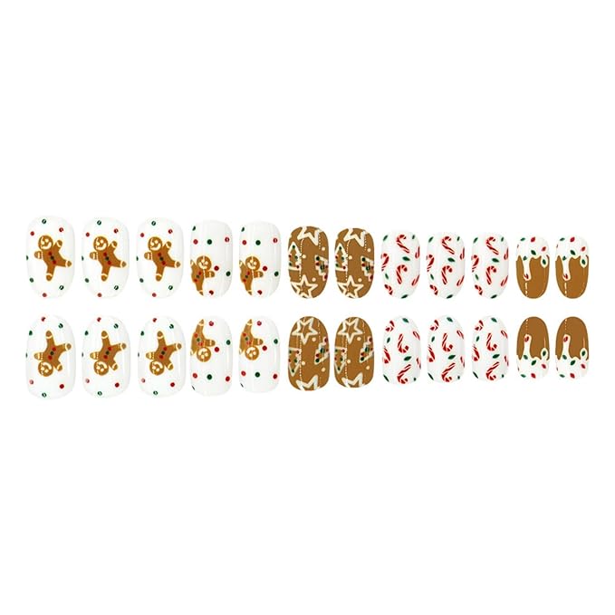 Christmas Press on Nails Gingerbread Man Glue on Nail Press ons with Candy Cane Design White Fake Nails Glossy Full Cover Artificial Acrylic Short Almond Stick on Nail for Women Xmas Manicure 24Pcs