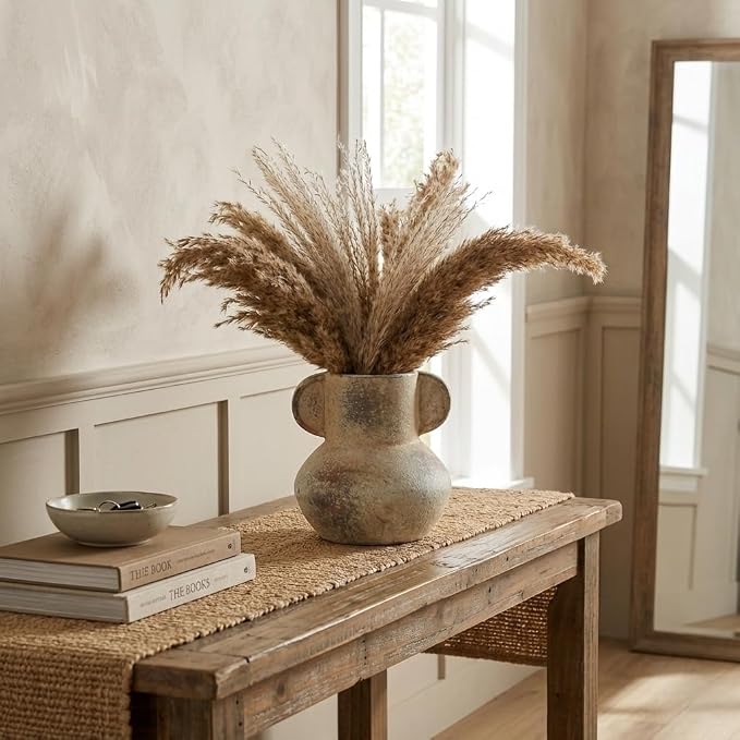 Emotionally Grounded Vase, Vaseking Ceramic Rustic Vase with 2 Handles, 6.1 inch Minimalist Decorative Farmhouse Vases for Home Decor, Living Room, Enterway, Table Decoration, Fired Terra Clay