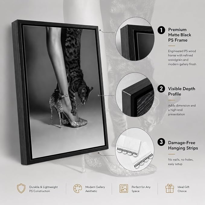 Framed Black and White Fashion Canvas Wall Art Trendy Women High Heels Cat Picture Wall Decor Luxury Feminist Poster Print for Girl Bedroom Dorm Party Bar Cart Home Decoration 16x24in