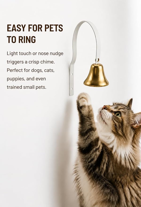 GoldTiger Fixed Metal Dog Doorbell for Potty Training - Heavy Duty Steel Wall Mounted Dog Bell for Door to Ring to Go Outside - Professional Puppy Housebreaking Communication Tool, No Snag (White)