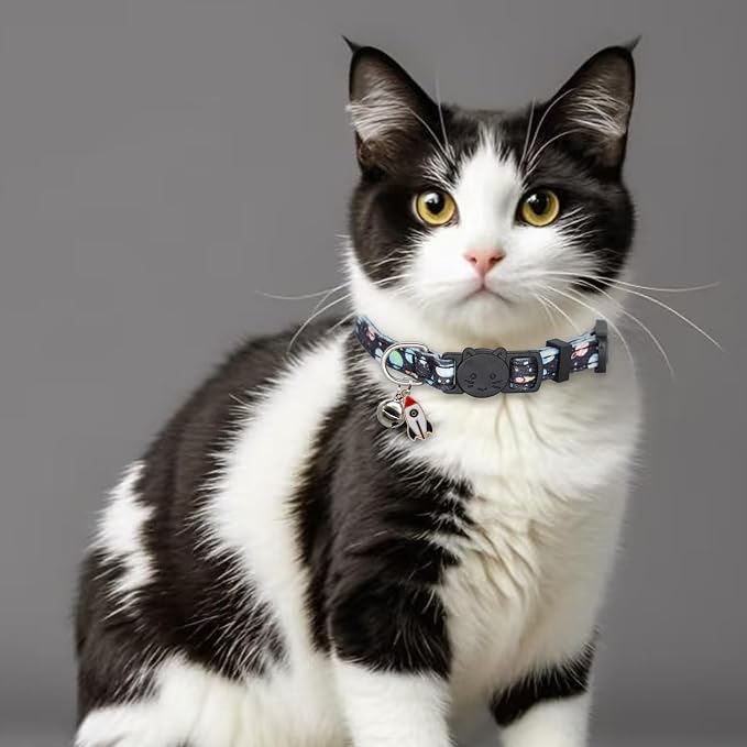 Cat Collar Breakaway, 2 Pack Cotton Kitten Collars with Bells and Removable Charms, Cute Planet Shaped for Indoor Boy, Girl and Adult Cats