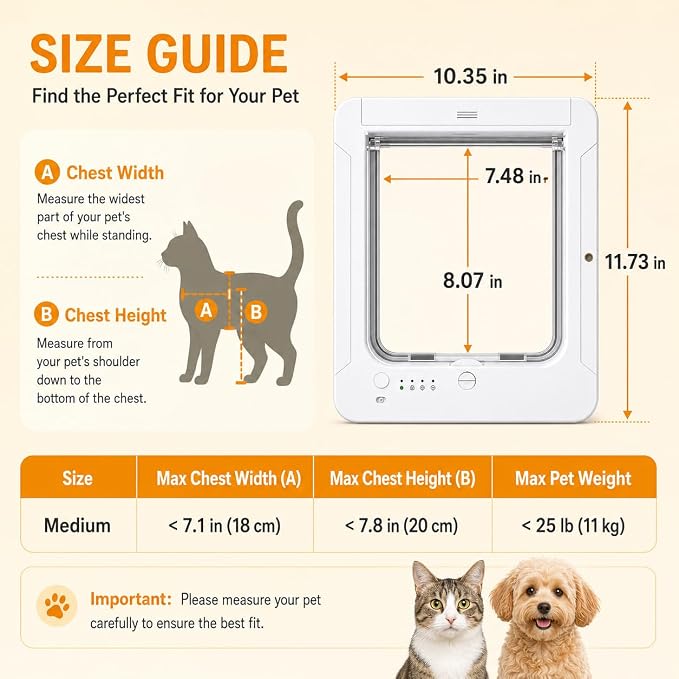 Smart Cat Door with Remote Control, White Pet Flap with 5 Collar Tag Keys, 4 Locking Modes, Selective Entry Door for Cats & Small Dogs