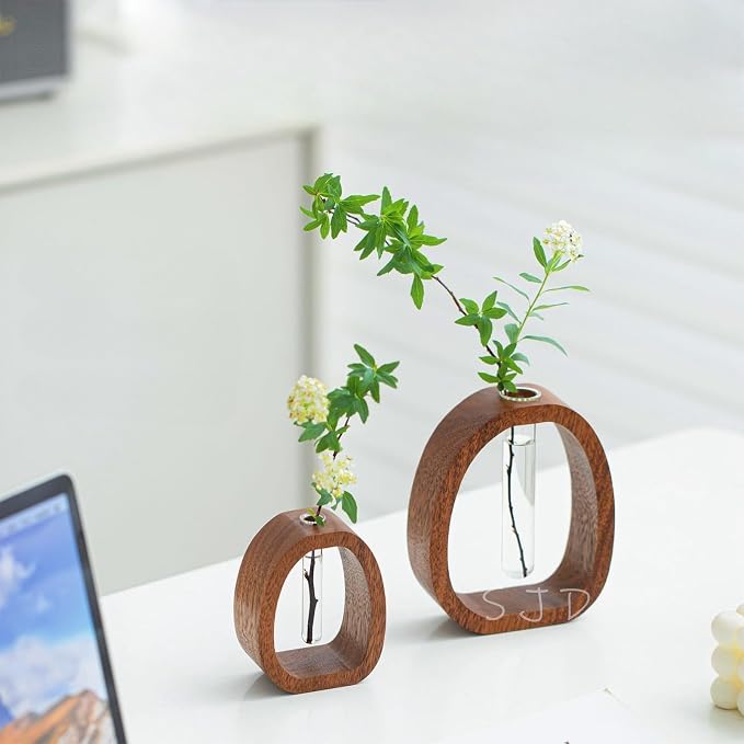 Walnut Wood Glass Flower Vase with Test Tubes, Large+Small | Modern Hydroponic Planter, Fresh Cut Flowers, Handcrafted Tabletop Decor, Home, Office, Farmhouse Style