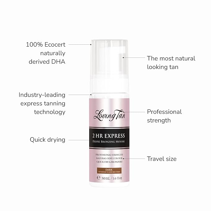 Loving Tan 2HR Express Self Tan Travel Size Kit, Dark - Travel-Sized Self Tanner, Self-Tanning Bronzing Mousse & Applicator Mitt, Cruelty Free, Naturally Derived DHA - 1.6 Fl Oz Mini Kit