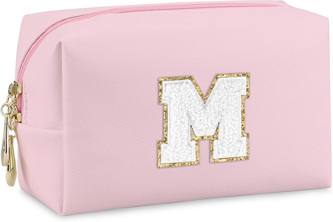 Initial Makeup Bag, Personalized Preppy Letter Monogram Cosmetic Bag | Waterproof PU Material, Compact Size, Large Capacity 7.09 x 2.95 x 3.94 in, Surprise Gift for Daughters and Teens