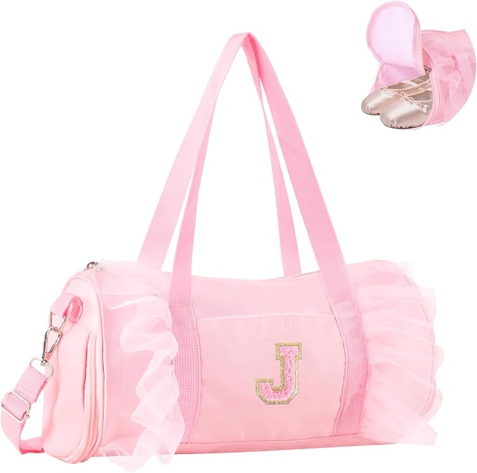 Personalized Initial Dance Bag for Girls 4-6, Small Lace Gym Sport Yoga Cheer Dance Bags Gift for Teen Girls, Cute Letter Kids Ballet Bag Toddler Travel Duffel Tote with Adjustable Straps(Pink-J)