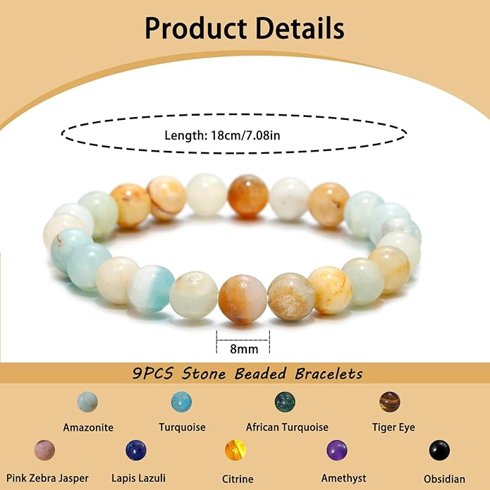 COLOYAN 9PCS Healing Crystal Bracelets for Women Men 8mm Natural Stone Beaded Stretch Bracelet Handmade Reiki Spiritual Jewelry
