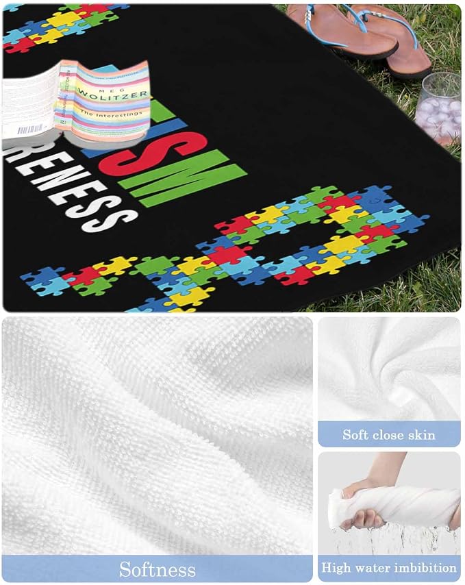 YOUNGKIDS Abstract Retro Oversized Beach Towels - 35x70in Microfiber Beach Towels Autism Awareness Jigsaw Blocks Pieces Black Quick Dry Lightweight Beach Pool Towel for Travel Camping Yoga