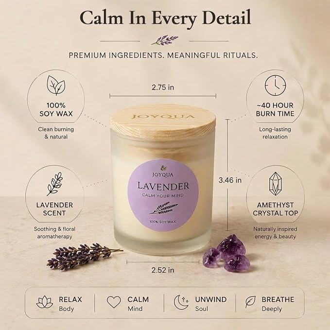 Meditation Candle Gift, 9 oz Lavender Crystal Candle, Wood Lid
