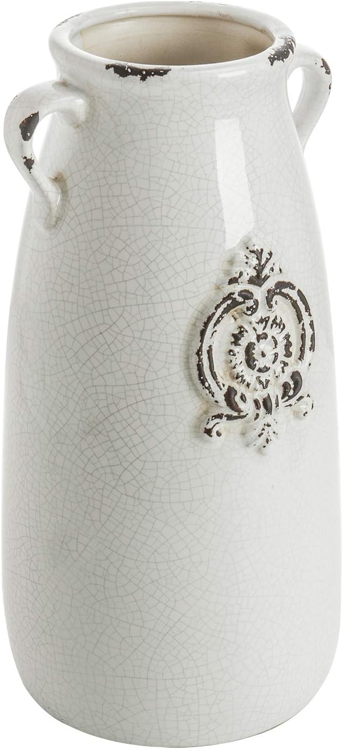 MyGift Farmhouse White Ceramic Vase with Handle and Embossed Seal Design, Antique Jug Shaped Tabletop Flower Vase | Embossed Seal Detail, Handle Design, Vintage Farmhouse Style, Floral Display, Rustic Home Accent, Decorative Centerpiece