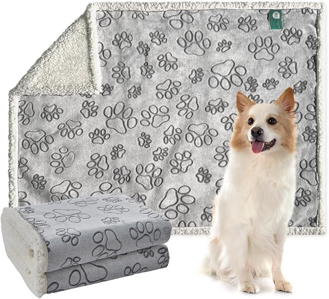 Dog Blankets for Small Dogs - Waterproof Pet Blanket Washable - Sherpa Fleece Puppy Blanket, Soft Plush Reversible Dog Blanket for Bed Couch Car Sofa, 40"X50", Grey Paw Print