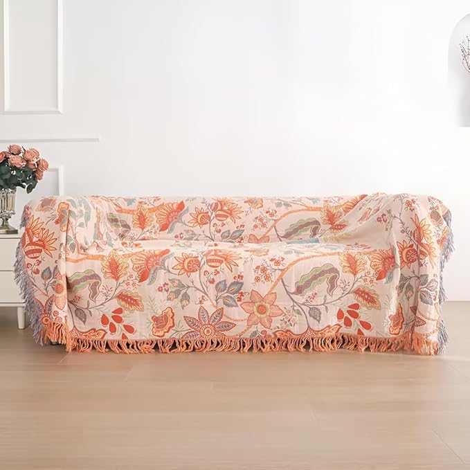 Boho Throw Blanket for Bed 100% Cotton Bohemian Blankets Ultra Soft Woven Muslin Decorative Blankets All Seasons Vintage Quilt Knitted Blanket for Sofa Chair(Orange, 60"x80")