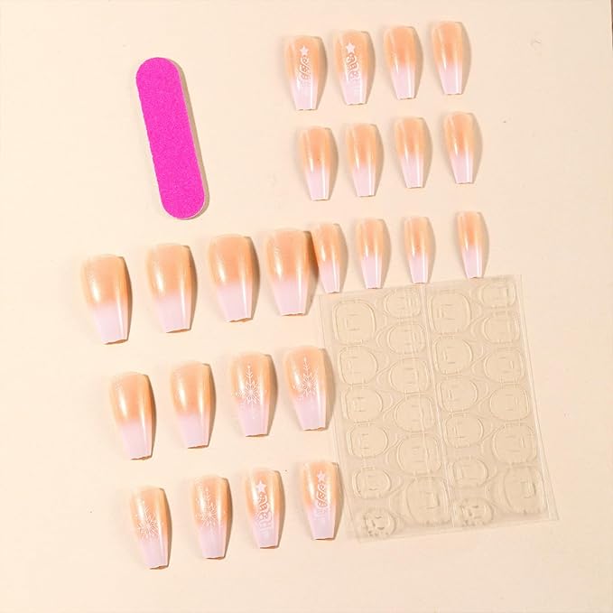 White Christmas Tree Snowflake Press-on Nails Long Ballerina Coffin Winter Xmas Gradient Design Glue-on Glossy Full Cover Acrylic for Women Girls DIY Christmas Fake