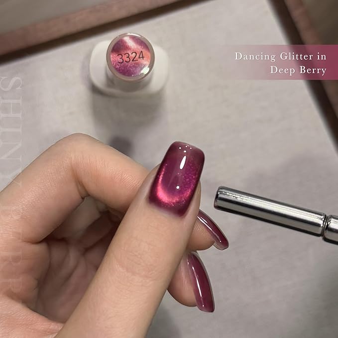 GAOY Hot Pink Glassy Cat Eye Gel Nail Polish, 16ml Glitter Holographic Nail Polish with Magnet, Reflective Translucent UV Light Cure, 3324 Shiny Berry