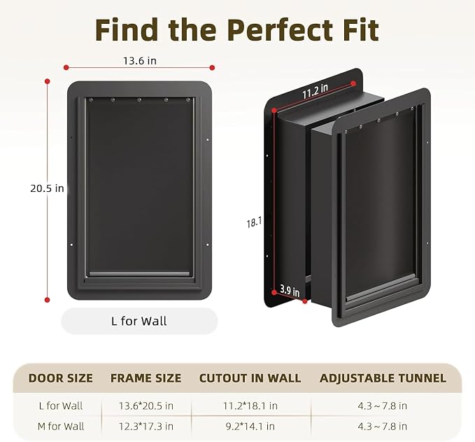 URSPET Large Dog Door for Wall, 3-Flap Insulated, Steel Frame, Black | 10.25 x 16.25 in Usable Opening, For 4.3-7.8 in Walls, Compatible with PetSafe Wall Cutouts, Lock Panel, Replaceable Flaps
