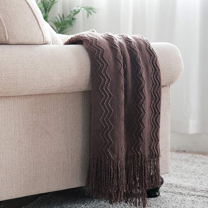 BOURINA Brown Throw Blanket 50x60 Inch Boho Knitted Soft Throw Sofa Blanket | Knitted Throw Blanket 50x60 Inches, Soft Lightweight Boho Weave Throw Decorative Couch Blanket for Living Room Bedroom Chair