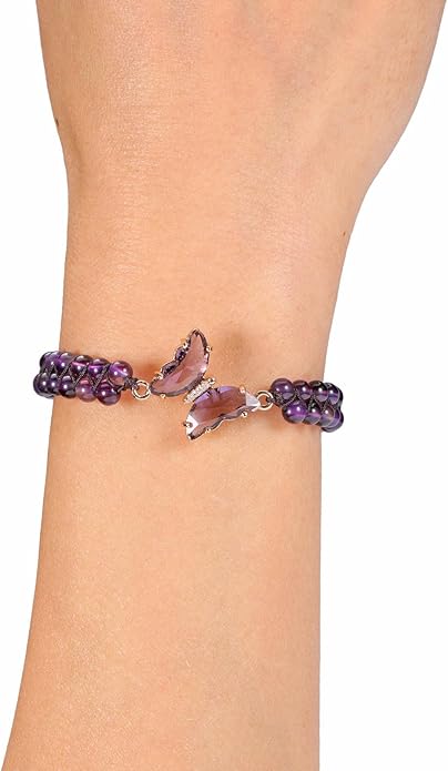 Top Plaza Amethyst Bracelet Healing Crystal Stone Bracelet for Women 8mm Crystal Beads Butterfly Charms Stretch Bracelet Handmade Energy Gemstone Bracelet Jewelry