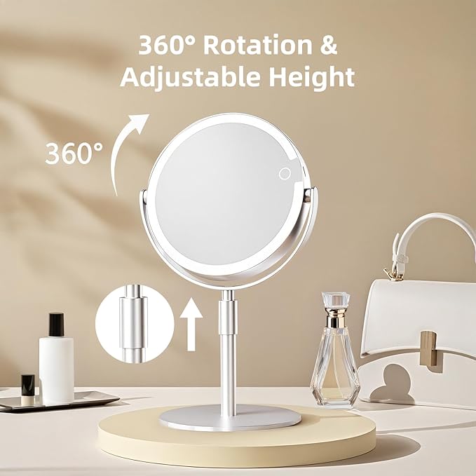 FRANO Lighted Makeup Mirror with Magnification (1X/10X), 8" Round Magnifying Vanity Mirror with Lights, Cordless Double Sided Light Weight Aluminum Alloy - Gifts Idea