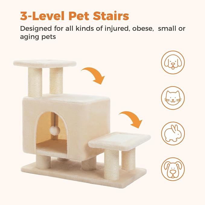 3-in-1 Cat Stairs with Scratching Post & Condo, Pet Steps, Beige | Pet Steps for High Beds, Sofa, Couch, Tall Cat Tower, High-Strength Boards for Indoor Small Cats Kittens Dogs Climbing Play