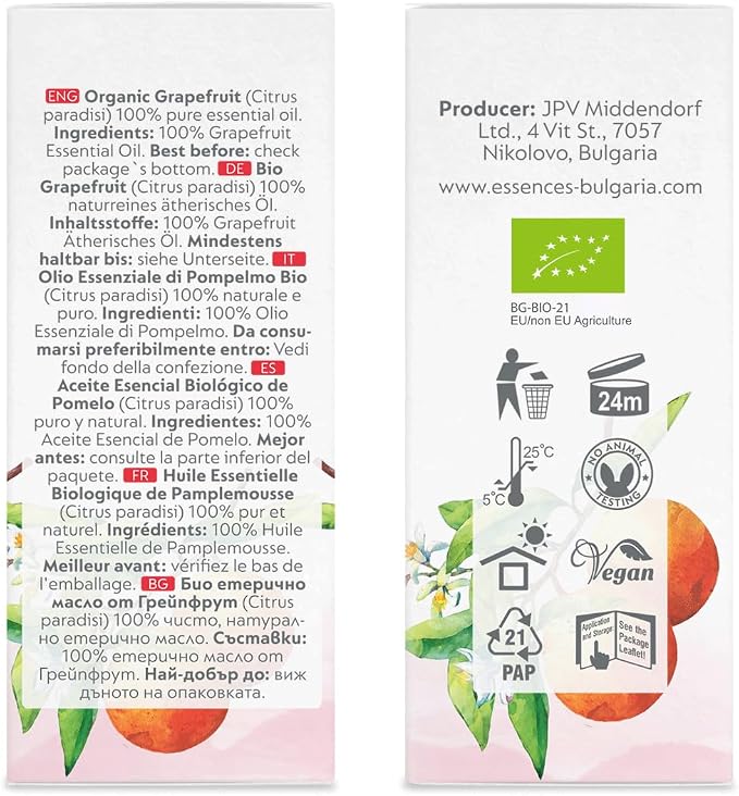 Essences Bulgaria Organic Grapefruit Essential Oil 0.51 Fl Oz 15ml Citrus paradisi 100% Pure Natural Undiluted Therapeutic Grade for Home Aromatherapy Home Diffuser Humidifier Hot Tub and Massage Oil