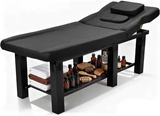 Professional Stationary Massage Table with Backrest, Adjustable Thick Foam Spa Massage Beds,Metal Frame PU Leather 27.55'' Wide 72.83'' Long Heavy Duty Bed for Massages, Hairdressing, Spas(Black)