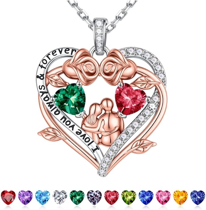 Iefil Valentines Gifts for Her Wife - 925 Sterling Silver Double Heart Birthstone Necklace, Anniversary Birthday Gifts for Women Wife Girlfriend