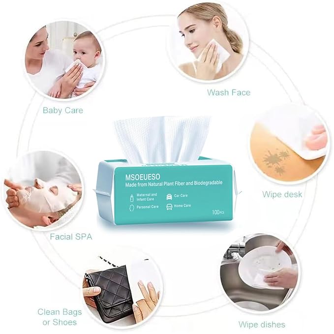 MSOEUESO Soft Dry Wipes Cotton Facial Tissues, 300 Count Disposable Face Towels, Cotton face Towel for Sensitive Skin, Facial Cleansing, Makeup Removing, Surface Cleaning (300 Count (Pack of 3))