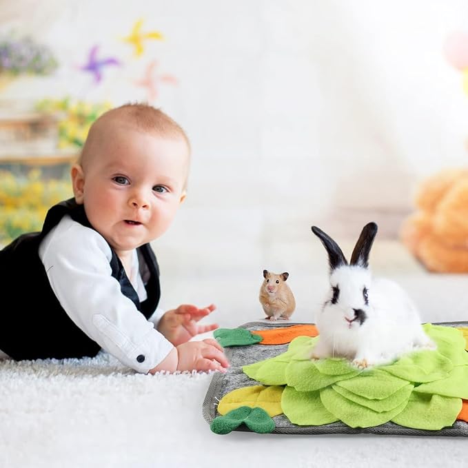 Rabbit Foraging Mat, Rabbit Toy 11.8"x11.8" Rabbits Snuffle Mat Machine Washable Polar Fleece Funny Interactive Nosework Feeding Mat Treat Dispenser for Bunny Guinea Pigs Ferrets Chinchillas