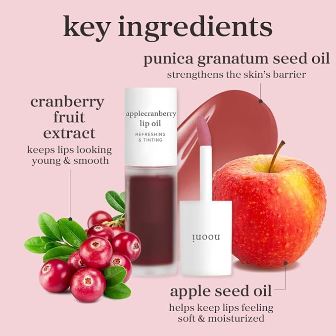NOONI Korean Lip Oil - Applecranberry | Long-Lasting, Moisturizing, Plumping, Revitalizing for Dry Lips, Waterproof, No Peel Off, Hydrating, Nourishing Crystal Clear, Stocking Stuffers, 0.12 FL Oz