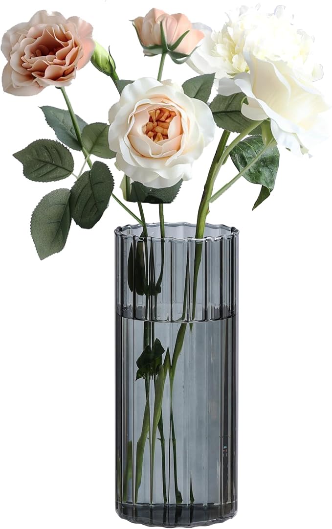 ComSaf Glass Cylinder Vase 8 Inch Tall, Grey Ribbed Decor for Centerpieces | Decorative Flower Vase, Hurricane Floating Candle Holder, Wedding Decor, Reception Table, Home Accent, Housewarming Gift