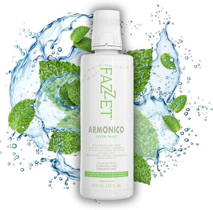 FAZZET ARMONICO Anti-Gingivitis Oral Rinse – Soothe Tonsils, Combat Bad Breath – Alcohol, Gluten, and Paraben Free Mouthwash – Fresh Mint Flavor
