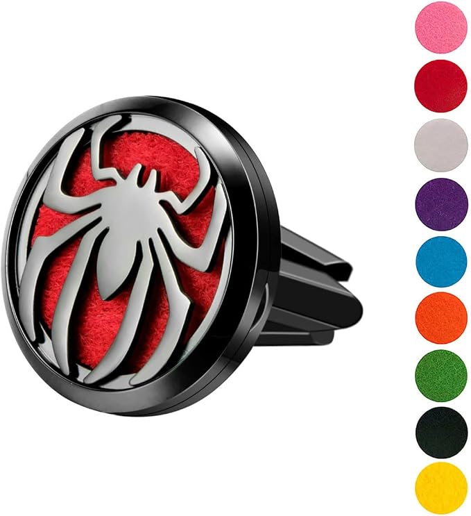 Wild Essentials Black Chrome Spider Essential Oil Car Vent Diffuser Kit – 316L Stainless Steel Locket, Rubber-Coated 4-Way Clip, 8 Color Pads (22mm), 25mm – Includes Alert & Inner Calm (2 x 10ml)