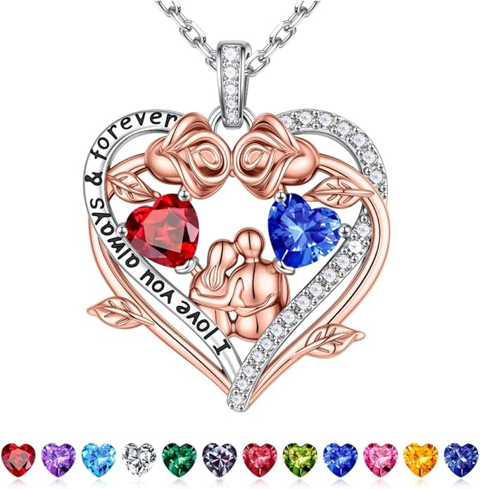 Iefil Valentines Gifts for Her Wife - 925 Sterling Silver Double Heart Birthstone Necklace, Anniversary Birthday Gifts for Women Wife Girlfriend