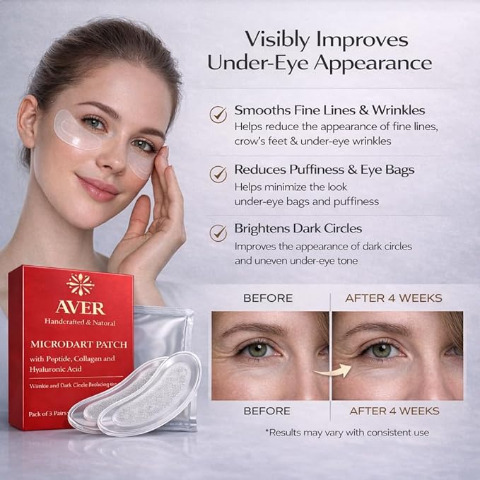 AVER Serum-Infused Under Eye Patches for Fine Lines, Wrinkles, Puffiness & Dark Circles | Peptide, Collagen, Hyaluronic Acid, Panthenol & Niacinamide | Hydrates, Brightens & Firms | 3 Pairs